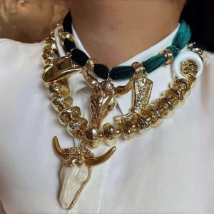Skeleton Bull Ox Head Cowboy Charm Necklace Set, 18K Gold Plated Scarf Chain Choker