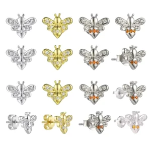 Small Bee 925 Sterling Silver Stud Earrings Moissanite Party Jewelry