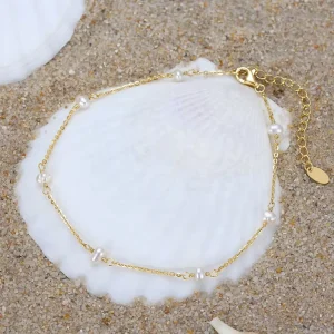 Small Fresh S925 Sterling Silver Plated With 14K Gold Baroque Pearl Chain Anklet Freshwater Pearl Beach Anklet