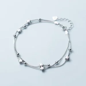 Small Star-Shaped Double-Layered Chain 925 Sterling Silver Charm Bracelet