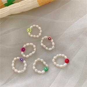 Smile Face Beaded Resizable Freshwater Pearl Rings for Women and Girls