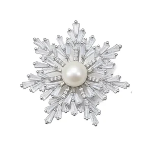Snowflake Brooch 8-9mm Natural Freshwater Pearl Platinum Plated