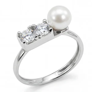 Sophisticated Pearl & CZ Ring Handset Round Brilliant Cut CZ Inlay Versatile Accessory for Daily & Formal Wear