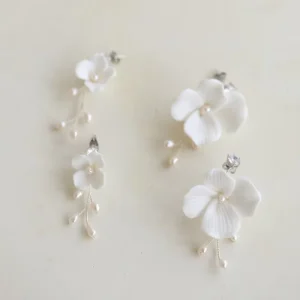 Sparkling Zircon Crystal Rhinestone Porcelain Flower Freshwater Pearl Bridal Wedding Earrings