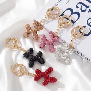 Sparkly Full Rhinestone Balloon Dog Keyring 3D Cartoon Puppy Bag Pendant Gold Lobster Clasp Shiny Crystal Animal Charm Fashion