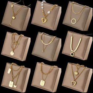 Sporty Asymmetric Bamboo Heart Pearl Pendant Multi-Layer Stainless Steel Necklace for Women