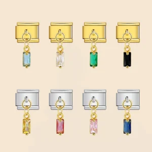 Square Crystal Pendant Italian Charm Bracelet Link 9mm Stainless Steel DIY Jewelry for Women