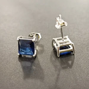 Square Princess Cut Dark Blue Zircon Stud Earrings, 925 Silver, Four-Prong, Daily Wear