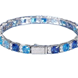 Square Sugar Blue Moissanite Tennis Bracelet, 925 Silver