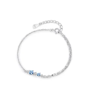 Stackable Double Layer Thin 925 Sterling Silver Chain Bracelet Ice Blue CZ