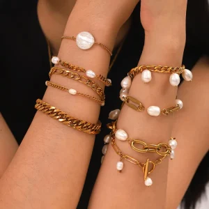 Stainless Steel 18K Gold Cuban Chain Bracelet with Natural Freshwater Pearls