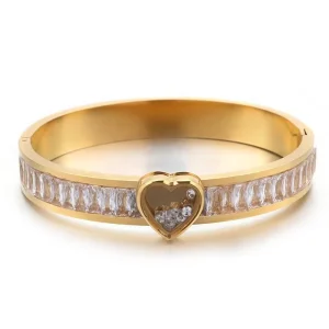 Stainless Steel 18K Gold Heart Charm Crystal Bangle Bracelet for Women