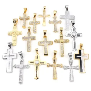 Stainless Steel 18K Gold PVD-Plated Iced-Out Cross Pendant for Hip Hop