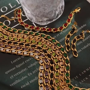 Stainless Steel 18K Gold Plated Colorful CZ Zircon Chain Bracelet and Necklace Set
