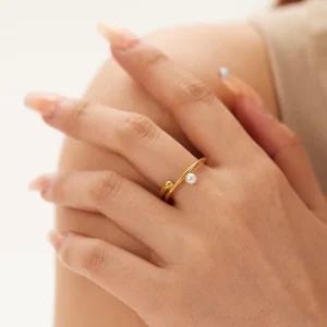 Stainless Steel 18K Gold-Plated Interwoven Cross Mother-of-Pearl Adjustable Open Ring for Women