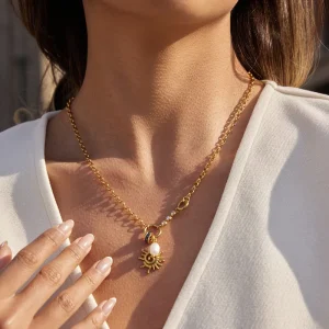 Stainless Steel 18K Gold Plated Sun Pendant Charm Necklace