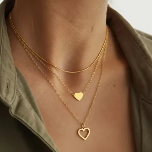 Stainless Steel 18K Gold Plated Vintage Double Heart Pendant Multi-Layer Link Necklace