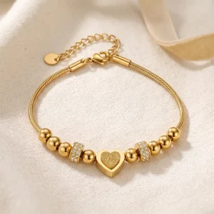 Stainless Steel 18K Gold Plated Zircon Waterproof Non-Fading Women’s Frosted Heart Beaded Bracelet