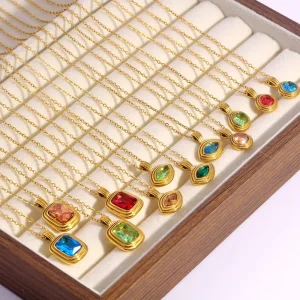 Stainless Steel 18K PVD Gold Colorful Gemstone Pendant Necklace