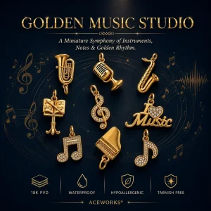 Stainless Steel 18K PVD Gold Plated Musical Note CZ Mini Charms and Pendants for Jewelry Making