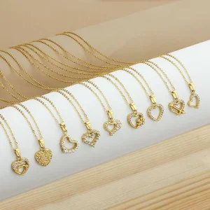Stainless Steel 18k Gold-Plated Crystal Zircon CZ Heart Pendant Necklace for Women