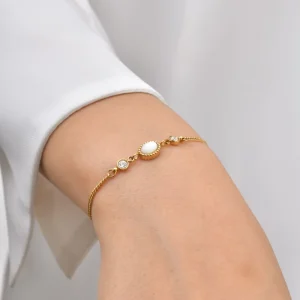 Stainless Steel 18k Gold Plated Waterproof Girl’s Chain Bracelet Natural Oval White Pearl Shell Zircon Bangle Jewelry