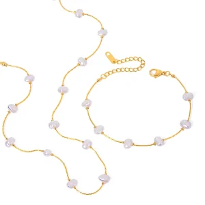 Stainless Steel Baroque Pearl Necklace and Bracelet Set for Women, Minimalist Style