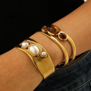 Stainless Steel Chunky 18K Gold-Plated Hollow Pearl Bangle