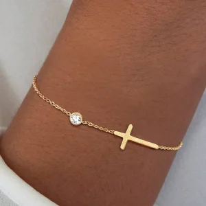 Stainless Steel Cross Charm Rhinestone Bracelet 18K Gold Plated Waterproof for Women
