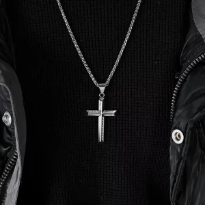 Stainless Steel Cross Pendant Necklace with Full Diamond Detail