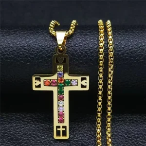 Stainless Steel Diamond-Inlaid Cross Pendant Necklace
