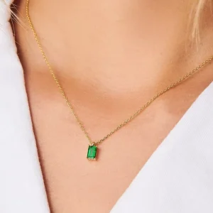 Stainless Steel Emerald-Color Zircon Birthstone Pendant Necklace