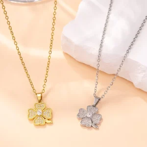 Stainless Steel Four-Leaf Clover Diamond Flower Necklace