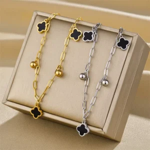 Stainless Steel Four-Leaf Clover Pendant Necklace, Feminine Style