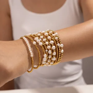 Stainless Steel Freshwater Pearl Stretch Bracelet, Dainty Minimalist Beaded Stacking Bracelet