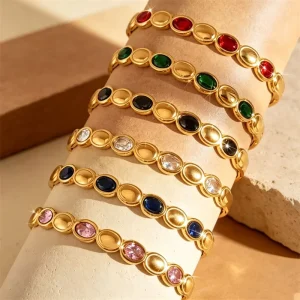 Stainless Steel Geometric Multicolor Zircon Charm Gold Plated Bangle for Women