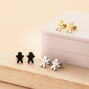 Stainless Steel Gingerbread Man Stud Earrings Waterproof 18K Gold Plated Women