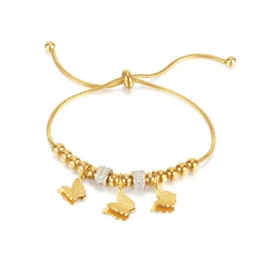 Stainless Steel Gold Plated Adjustable Butterfly Charm Bead Bracelet for Girls