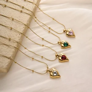 Stainless Steel Gold Plated Chunky Heart-Shaped Diamond-Studded Pendant Necklace TGXL8991