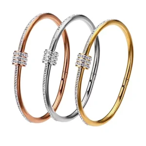 Stainless Steel Gold Plated Geometric Full-Diamond Bracelet Bangle with Magnetic Clasp