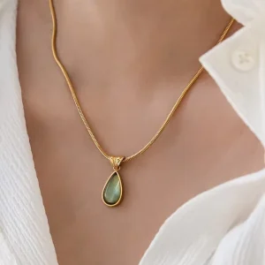 Stainless Steel Gold Plated Teardrop Green Blue Gemstone Pendant Necklace French Style Snake Chain Women’s