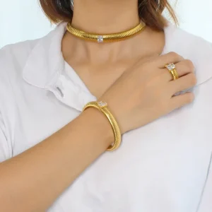 Stainless Steel Gold Snake Bone Choker Necklace, Ring, Bangle, and Bracelet Jewelry Set