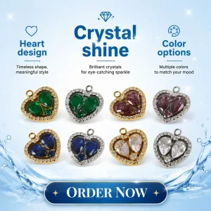 Stainless Steel Green Crystal Heart Pendant Blue Crystal Heart Charm Purple Stone Dangle Charm