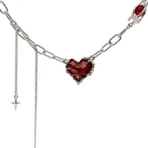 Stainless Steel Heart Pendant Link-Chain Choker Necklace, Hip-Hop Style, for Men and Women