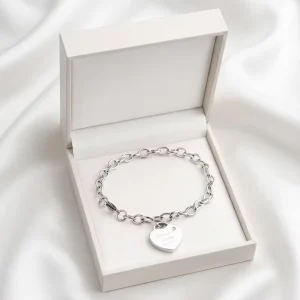 Stainless Steel Heart Shape Charm Zirconia Rolo Cable Chain Bracelet