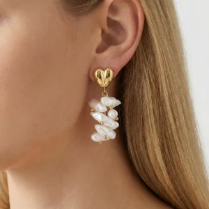 Stainless Steel Heart Stud Baroque Pearl Cluster Drop Dangle Earrings with Irregular Pearl Beads