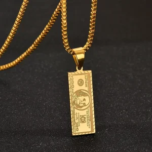 Stainless Steel Hip-Hop Necklace with Gold Dollar Pendant