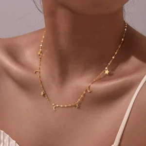 Stainless Steel Moon and Stars Waterproof 18K Gold Pendant Necklace