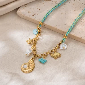 Stainless Steel Ocean Charm Necklace with Snail Shell, Pearl, Starfish and Turtle, 18K PVD Gold-Plated Tarnish-Free