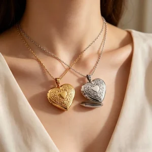 Stainless Steel Peach Heart Frame Box Pendant Necklace Unisex